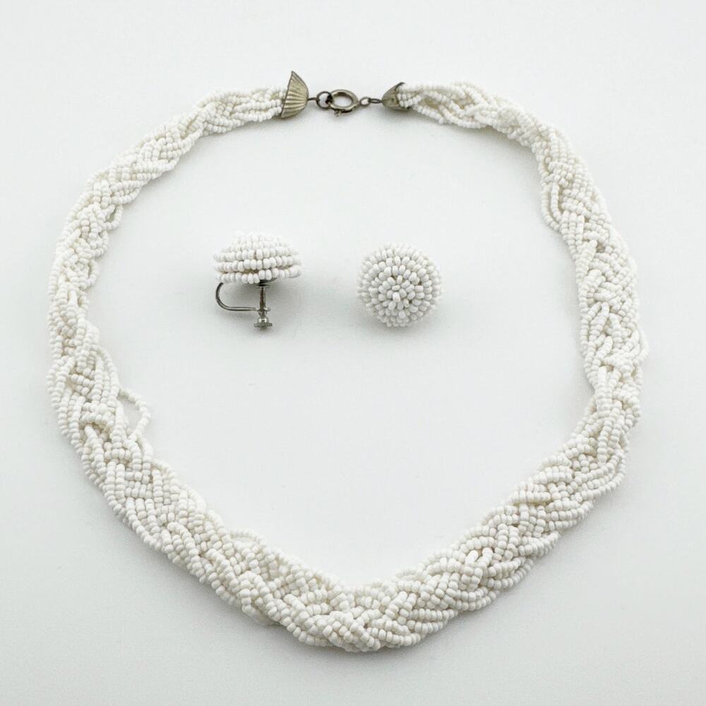 Vintage White Beaded Necklace Clip On Earring Set Braided Statement‎ Jewelry